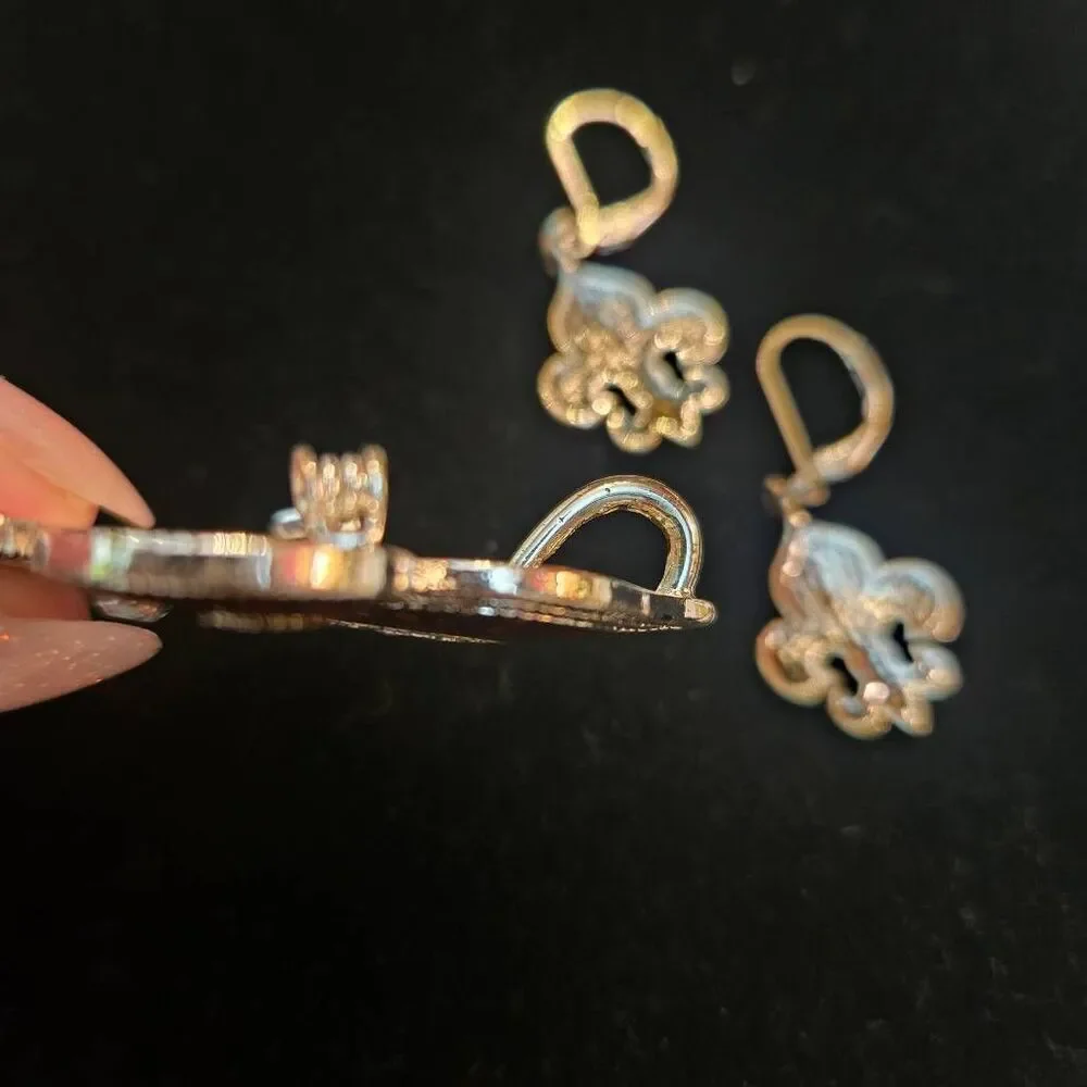 NEW Fleur De Lis Pendant / Pin with Earrings Silver & Orange